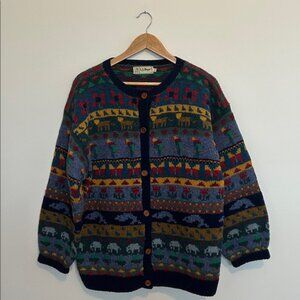 Vintage LL Bean Wool Cardigan Sweater Animals Flowers Colorful Size Large